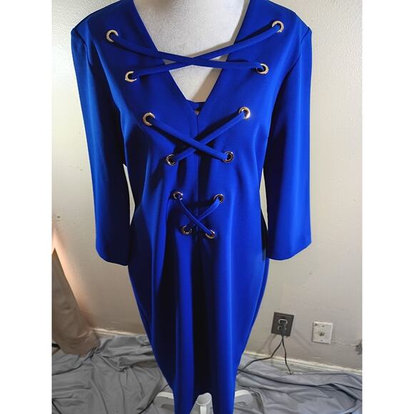 Joseph Ribkoff Dress Blue Laced Up Front Office To Night Out Classic Sz 14 - Picture 2 of 9